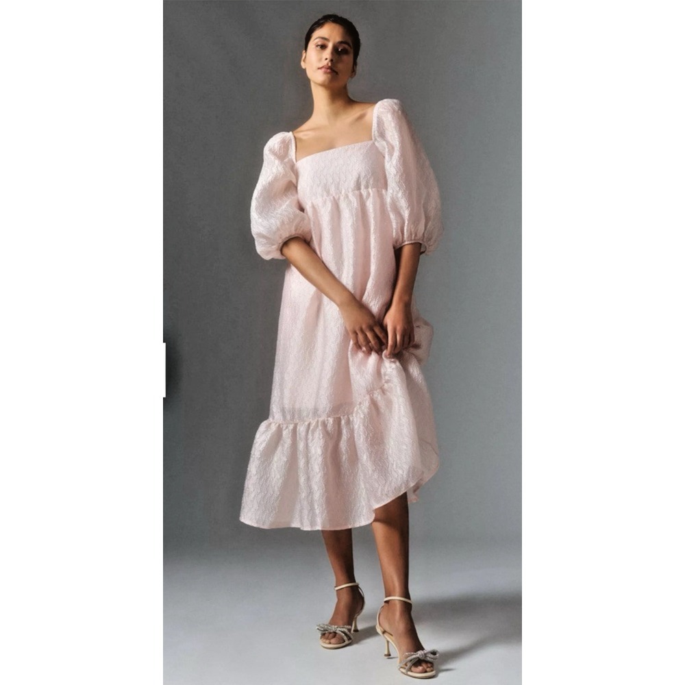 ANTHROPOLOGIE Women Size Small Textured Puff Sleeveโ Baby Doll Midi Dress Pink
